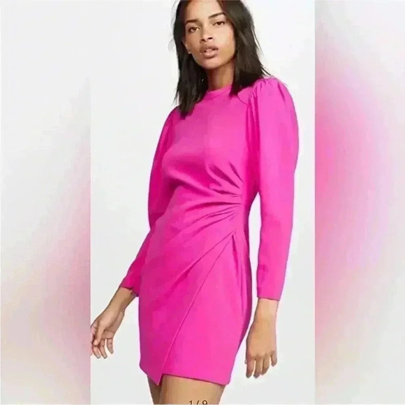 A.L.C Jane crepe Mini Dress in Hot Pink Long Sleeve wrap ALC 6 Christmas Holiday - Picture 3 of 16